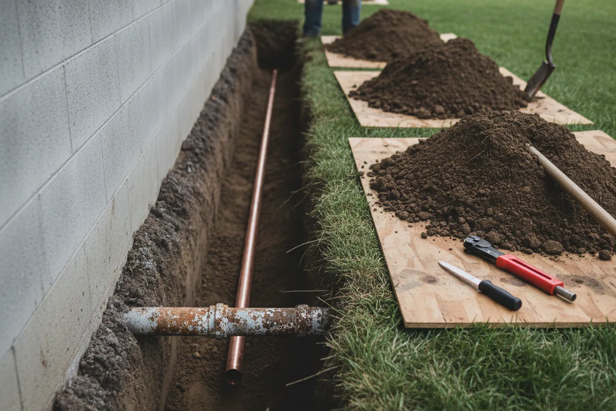 Excavated water line trench during Sewer Line Repair in Pearl River